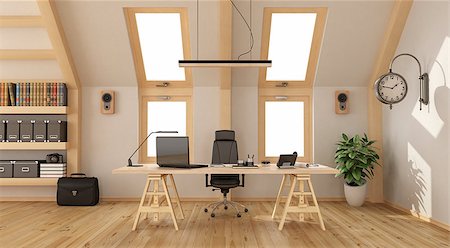 Modern office in the attic with wooden desk, bookcase and two windows - 3d rendering Stock Photo - Budget Royalty-Free & Subscription, Code: 400-08755761