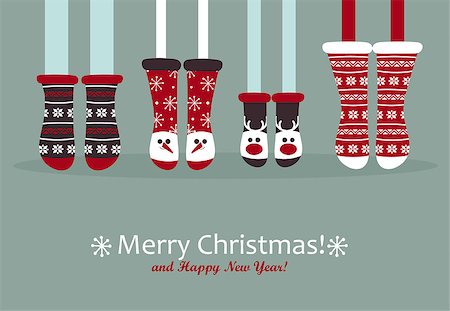 friends kids feet - Family feet in Christmas socks. Winter holiday concept. Happy new year Greeting Card. Vector illustration. Stock Photo - Budget Royalty-Free & Subscription, Code: 400-08759177