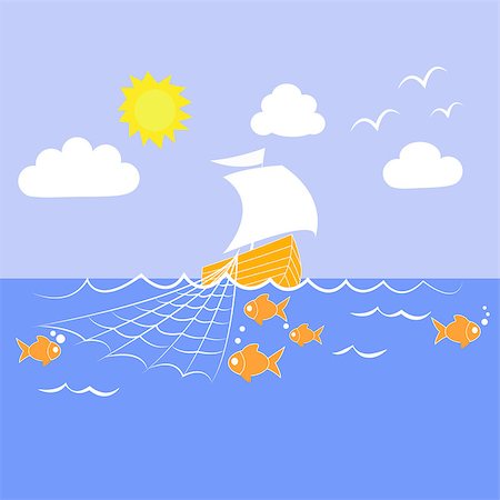 Vector drawing of a sailing ship fishing net Stock Photo - Budget Royalty-Free & Subscription, Code: 400-08752696