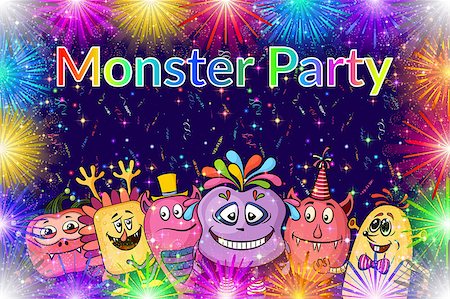 Background for Your Holiday Party Design with Different Cartoon Monsters, Colorful Illustration with Cute Funny Characters and Bright Fireworks. Eps10, Contains Transparencies. Vector Foto de stock - Super Valor sin royalties y Suscripción, Código: 400-08752758