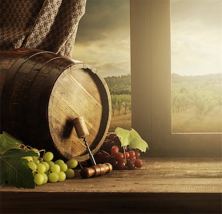 simsearch:846-05647552,k - Wine barrel and grapes with vineyard on background Stock Photo - Budget Royalty-Free & Subscription, Code: 400-08753447