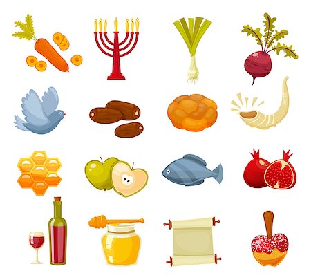 simsearch:400-06069331,k - Rosh Hashanah, Shana Tova or Jewish New year cartoon flat vector icons set.Traditional symbols of Jewish new year holiday Rosh Hashanah Stock Photo - Budget Royalty-Free & Subscription, Code: 400-08753515