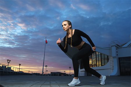 Concept: healthy lifestyle, sport. Attractive happy girl fitness trainer run outdoor workout at modern downtown urban area during sunset. Stock Photo - Budget Royalty-Free & Subscription, Code: 400-08753543