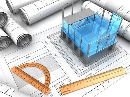 3d illustration of modern building project and blueprints Stock Photo - Budget Royalty-Free & Subscription, Code: 400-08753664