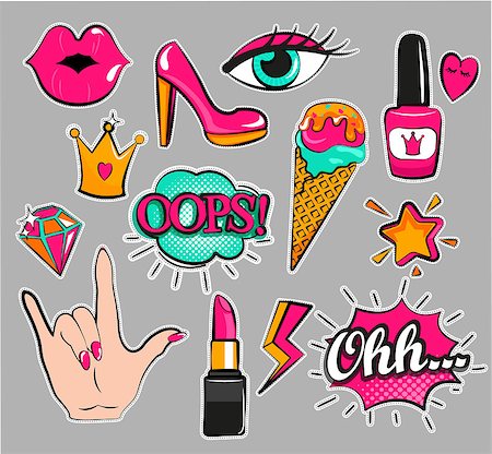 doodle lips - Fashion patch badges with lips, hearts, speech bubbles and other elements. Set of fashion stickers, icons, pins, patches in cartoon 80s-90s comic cartoon style. Vector illustration. Stock Photo - Budget Royalty-Free & Subscription, Code: 400-08760066