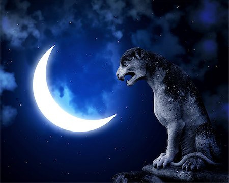 simsearch:400-05716374,k - Ancient stone lion statue and crescent. On night sky background with stars and clouds Stock Photo - Budget Royalty-Free & Subscription, Code: 400-08774429