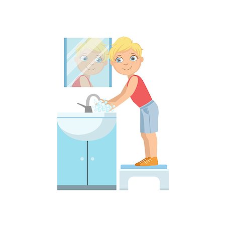 Boy Washing Hands In Bathroom Tap Simple Design Illustration In Cute Fun Cartoon Style Isolated On White Background Stock Photo - Budget Royalty-Free & Subscription, Code: 400-08774883
