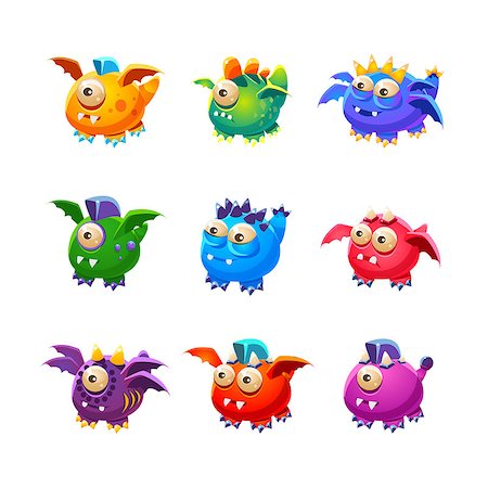 red mohawk - Little Alien Dragon Like Monsters Set Of Bright Color Vector Icons Isolated On White Background. Cute Childish Fantastic Animal Characters Design. Photographie de stock - Aubaine LD & Abonnement, Code: 400-08776997