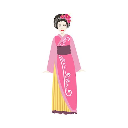 Japanese Geisha In Pink Kimono. Simple Realistic Character On White Background With Traditional Culture Symbols Stock Photo - Budget Royalty-Free & Subscription, Code: 400-08777794