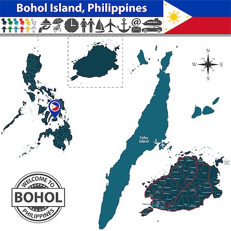 eistaucher - Vector of Bohol island, Philippines. Map contains Cebu island, roads and travel icons Stockbilder - Microstock & Abonnement, Bildnummer: 400-08778858