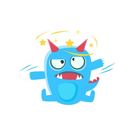 sitting cartoon monster - Blue Monster With Horns And Spiky Tail With Stars Before Eyes. Silly Childish Drawing Isolated On White Background. Funny Fantastic Animal Colorful Vector Sticker. Stock Photo - Budget Royalty-Free & Subscription, Code: 400-08779092