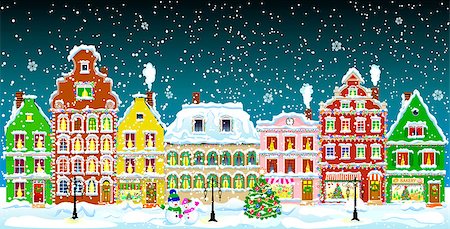 City street in the winter night. Christmas Eve. Winter holiday. Houses in winter night. Snow on a city street. Decoration houses on winter holidays. Stock Photo - Budget Royalty-Free & Subscription, Code: 400-08779689