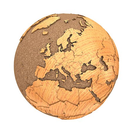 Europe on 3D model of wooden planet Earth with oceans made of cork and wooden continents with embossed countries. 3D illustration isolated on white background. Stock Photo - Budget Royalty-Free & Subscription, Code: 400-08770331