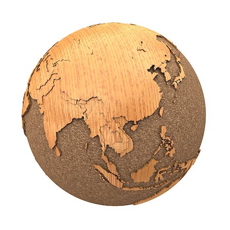 Southeast Asia on 3D model of wooden planet Earth with oceans made of cork and wooden continents with embossed countries. 3D illustration isolated on white background. Stock Photo - Budget Royalty-Free & Subscription, Code: 400-08770340