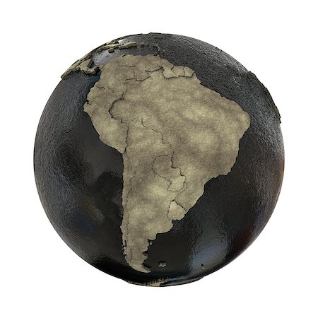 South America on 3D model of planet Earth with black oily oceans and concrete continents with embossed countries. Concept of petroleum industry. 3D illustration isolated on white background. Stock Photo - Budget Royalty-Free & Subscription, Code: 400-08770504