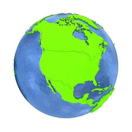 simsearch:400-08401820,k - North America on elegant green 3D model of planet Earth with realistic watery blue ocean and green continents with visible country borders. 3D illustration isolated on white background. Photographie de stock - Aubaine LD & Abonnement, Code: 400-08770505