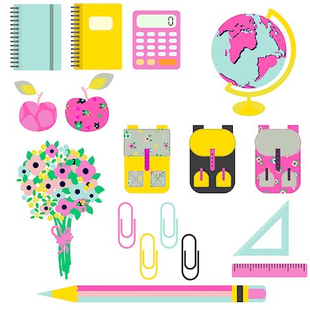 simsearch:400-06084780,k - School supplies vector clip art stationery objects. Bright yellow and pink objects for first-grader - flowers, knapsack, globe, rulers and stationery items. Stock Photo - Budget Royalty-Free & Subscription, Code: 400-08770547