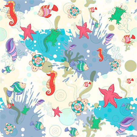 seahorse cartoon abstract - Seamless pattern with sea inhabitants on the background color blots,inks. Vector marine illustration. Stock Photo - Budget Royalty-Free & Subscription, Code: 400-08771264