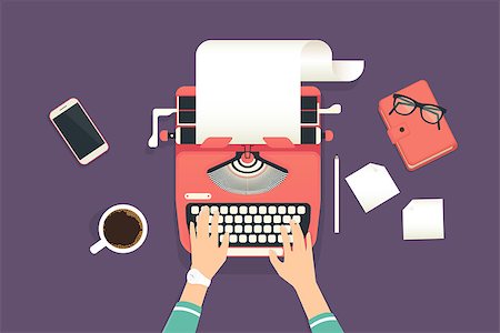 Womans hands typing an article on a vintage typewriter. Flat illustration of working process and author modern workplace. Business background for promotion and blogging Stock Photo - Budget Royalty-Free & Subscription, Code: 400-08772020