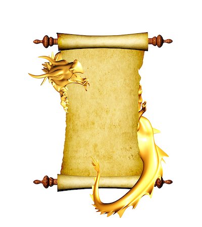 Dragon and scroll of old parchment. Object isolated on white background. 3d render Stock Photo - Budget Royalty-Free & Subscription, Code: 400-08772145