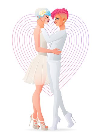 sexual equality - Happy beautiful wedding gay lesbian homosexual hugging couple in love. Nontraditional wedding cartoon vector illustration isolated on white background. Stock Photo - Budget Royalty-Free & Subscription, Code: 400-08772276