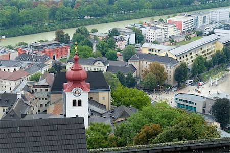 Horizontal panoramic view of the center of city Salzburg with Salzach river, Austria Stock Photo - Budget Royalty-Free & Subscription, Code: 400-08772956