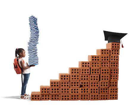 Child with backpack and study books climbs a bricks scale Foto de stock - Super Valor sin royalties y Suscripción, Código: 400-08784885