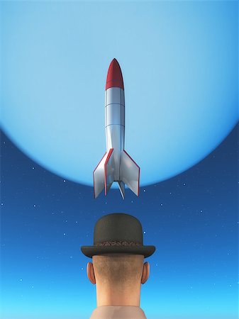 Man wearing a hat and a rocket launching from his head to another planet. This is a 3d render illustration Stock Photo - Budget Royalty-Free & Subscription, Code: 400-08785036