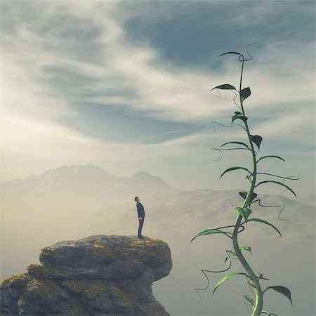 Man standing on the edge of a cliff admiring a big beanstalk. This is a 3d render illustration Stock Photo - Budget Royalty-Free & Subscription, Code: 400-08786196