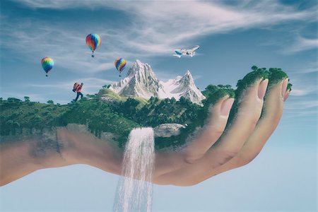 simsearch:400-06089187,k - Conceptual image of a mountain landscape held by a hand, flowing water cascading and tourist hiking . Ecology concept. This is a 3d render illustration Stock Photo - Budget Royalty-Free & Subscription, Code: 400-08786201