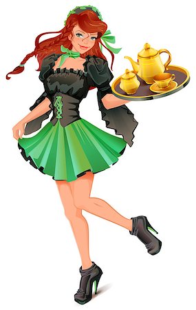 dresses of air hostesses - Beautiful woman waiter carries tray with tea. Isolated on white vector cartoon illustration Stock Photo - Budget Royalty-Free & Subscription, Code: 400-08787323