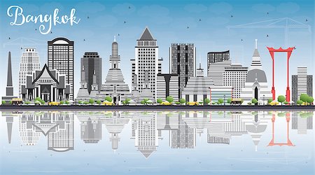 Bangkok Skyline with Gray Landmarks, Blue Sky and Reflections. Vector Illustration. Business Travel and Tourism Concept with Bangkok City. Image for Presentation Banner Placard and Web Site. Stock Photo - Budget Royalty-Free & Subscription, Code: 400-08787356