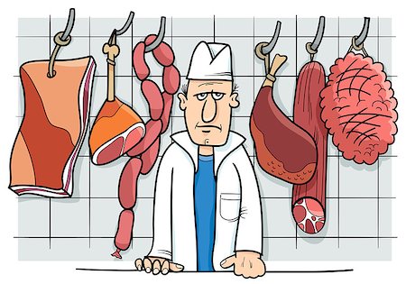 food specialist - Cartoon Illustration of Butcher in his Shop with Meat Food Objects Photographie de stock - Aubaine LD & Abonnement, Code: 400-08789497