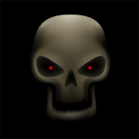 skull with bone in mouth - Realistic illustration of human skull with red eyes and no teeth on dark background Stock Photo - Budget Royalty-Free & Subscription, Code: 400-08789958