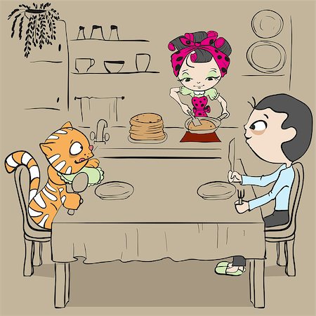Woman bakes pancakes. Cat and man waiting for dinner. Fun vector cartoon illustration Stock Photo - Budget Royalty-Free & Subscription, Code: 400-08789966