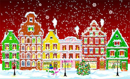 City street in the winter night. Christmas Eve. Winter holiday. Houses in winter night. Snow on a city street. Decoration houses on winter holidays. Stock Photo - Budget Royalty-Free & Subscription, Code: 400-08780004