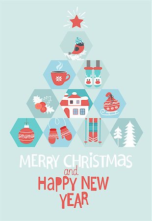 Christmas Greeting Card. Merry Christmas and Happy New year lettering. Abstract new year tree. Winter icons set. Vector illustration. Stock Photo - Budget Royalty-Free & Subscription, Code: 400-08780075
