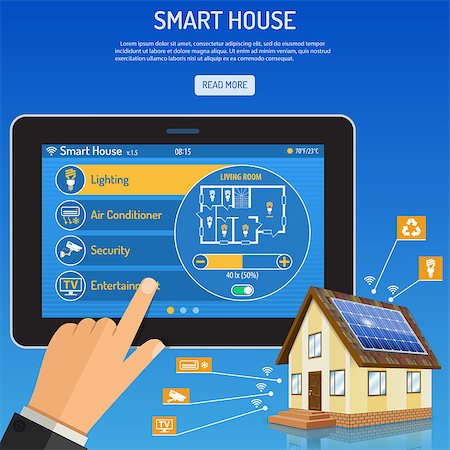solar panel home - Smart House and internet of things concept Man holding tablet PC similar to ipad horizontal in hand and smart home controls. vector illustration Stock Photo - Budget Royalty-Free & Subscription, Code: 400-08794395