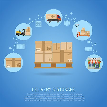 Delivery and storage concept infographics with flat Icons pallet with boxes and delivery process in store. vector illustration Photographie de stock - Aubaine LD & Abonnement, Code: 400-08794751