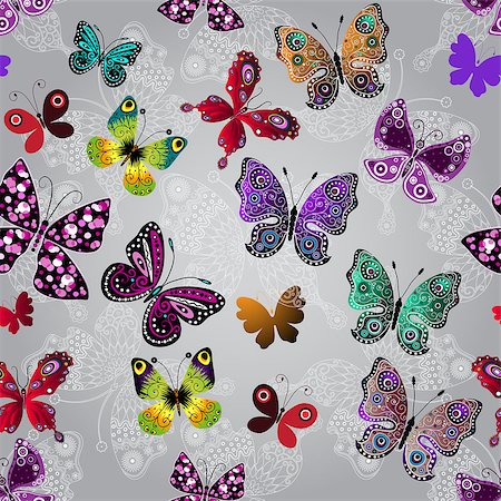 simsearch:400-05741762,k - Seamless gray gradient pattern with bright colorful and white lace butterflies, vector Stock Photo - Budget Royalty-Free & Subscription, Code: 400-08794938