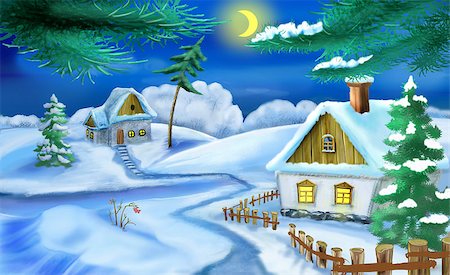 Winter  in a Old Ukrainian Traditional Village  at Christmas Eve.  Handmade illustration in a classic cartoon style. Stock Photo - Budget Royalty-Free & Subscription, Code: 400-08795161