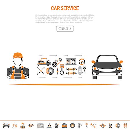 Car Service Concept with flat two color Icons set for Advertising and service station like Mechanic, Battery, Oil, car. isolated vector illustration Stock Photo - Budget Royalty-Free & Subscription, Code: 400-08795218