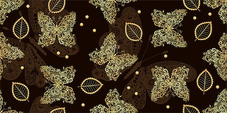 simsearch:400-05741762,k - Dark brown seamless vintage pattern with golden tracery butterflies and leaves, vector Stock Photo - Budget Royalty-Free & Subscription, Code: 400-08795313