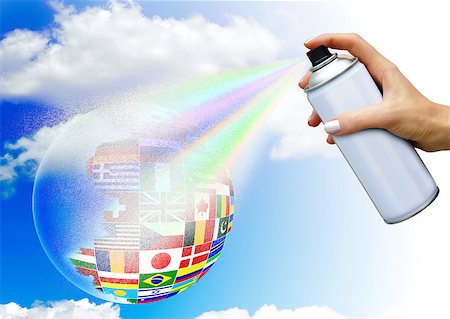 Hand with aerosol spray paints ball in the colors of national flags on sky background. The concept of world community Stock Photo - Budget Royalty-Free & Subscription, Code: 400-08796012