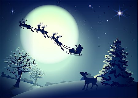simsearch:400-08791935,k - Santa Claus in sleigh and reindeer sled on background of full moon in night sky Christmas. Vector illustration for greeting card Foto de stock - Super Valor sin royalties y Suscripción, Código: 400-08796090
