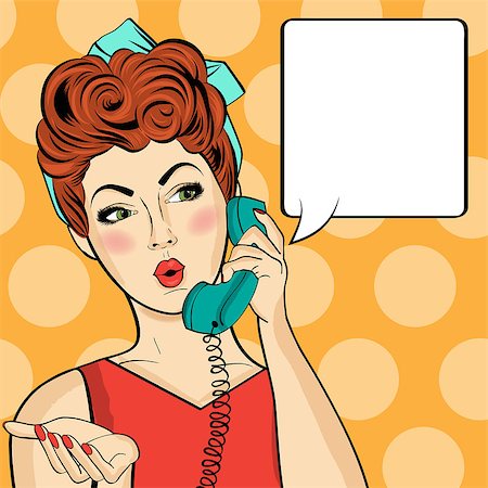 panic and crowd - Pop art  woman chatting on retro phone  . Comic woman with speech bubble. Vector illustration. Stock Photo - Budget Royalty-Free & Subscription, Code: 400-08790004