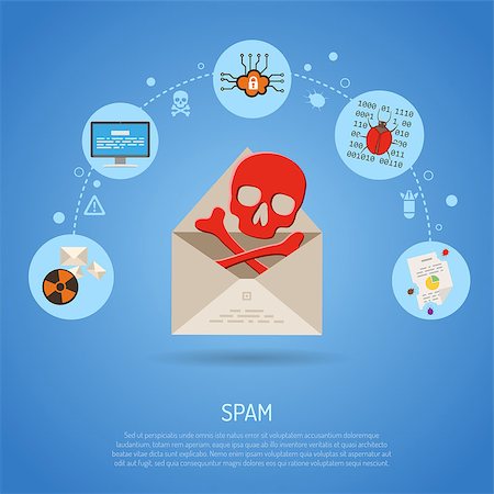 Cyber Crime and Spam Concept with Email and Skull Flat Icons, Virus, Bug and Error. vector illustration. Photographie de stock - Aubaine LD & Abonnement, Code: 400-08791436