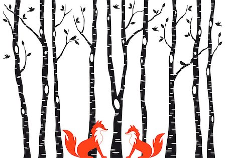 simsearch:400-08791935,k - Cute foxes in birch tree forest, vector illustration over white background Foto de stock - Super Valor sin royalties y Suscripción, Código: 400-08793593