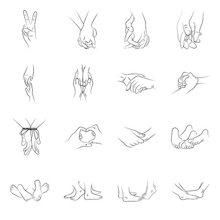 Set of elegant silhouettes in a linear sketch style. Female and male hands and feet. Simple black icon isolated on white background. Vector illustration. Stock Photo - Budget Royalty-Free & Subscription, Code: 400-08806574