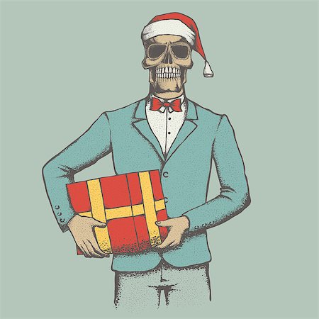 Vector Christmas skull with gift illustration. Hand drawn skull. Spooky and scary halloween skull Stock Photo - Budget Royalty-Free & Subscription, Code: 400-08807195